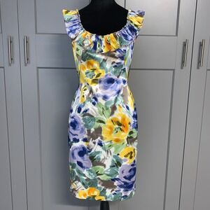 MAGGY LONDON Dress Multicolor Floral Ruffle Neck Sleeveless Sheath Lined 4 Flaws